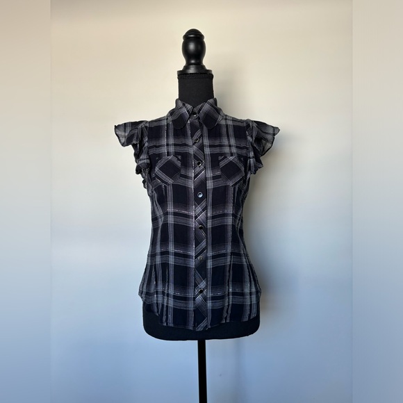 Express Women’s Ruffled Sleeve Blouse Top black with silver sparkly thread XS - Picture 3 of 10